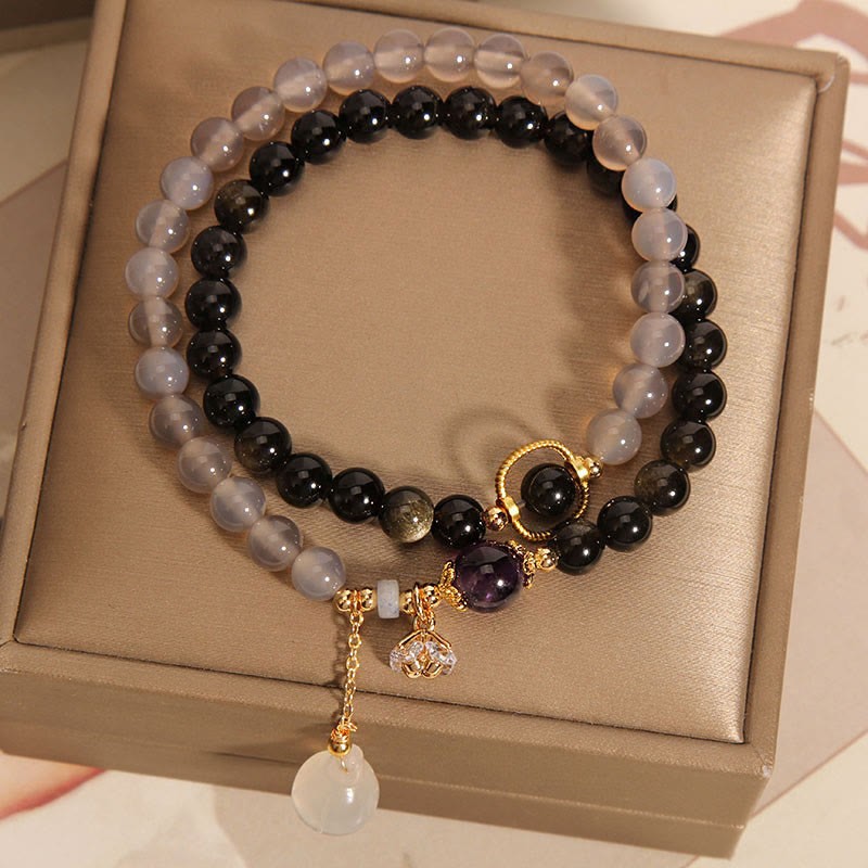 Gold Sheen Obsidian Gray Agate Lotus Charm Strengthen Double Wrap Bracelet