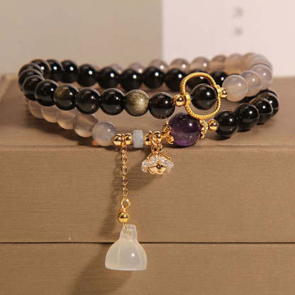 Gold Sheen Obsidian Gray Agate Lotus Charm Strengthen Double Wrap Bracelet