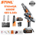 8palcová bezuhlíková lithiová elektrická pila výkon 6000 W baterie 48 V 6.0 Ah*2 nabíječka vodicí deska*1 řetěz*2 skříňka na nářadí mazivo a brýle pětiletá záruka