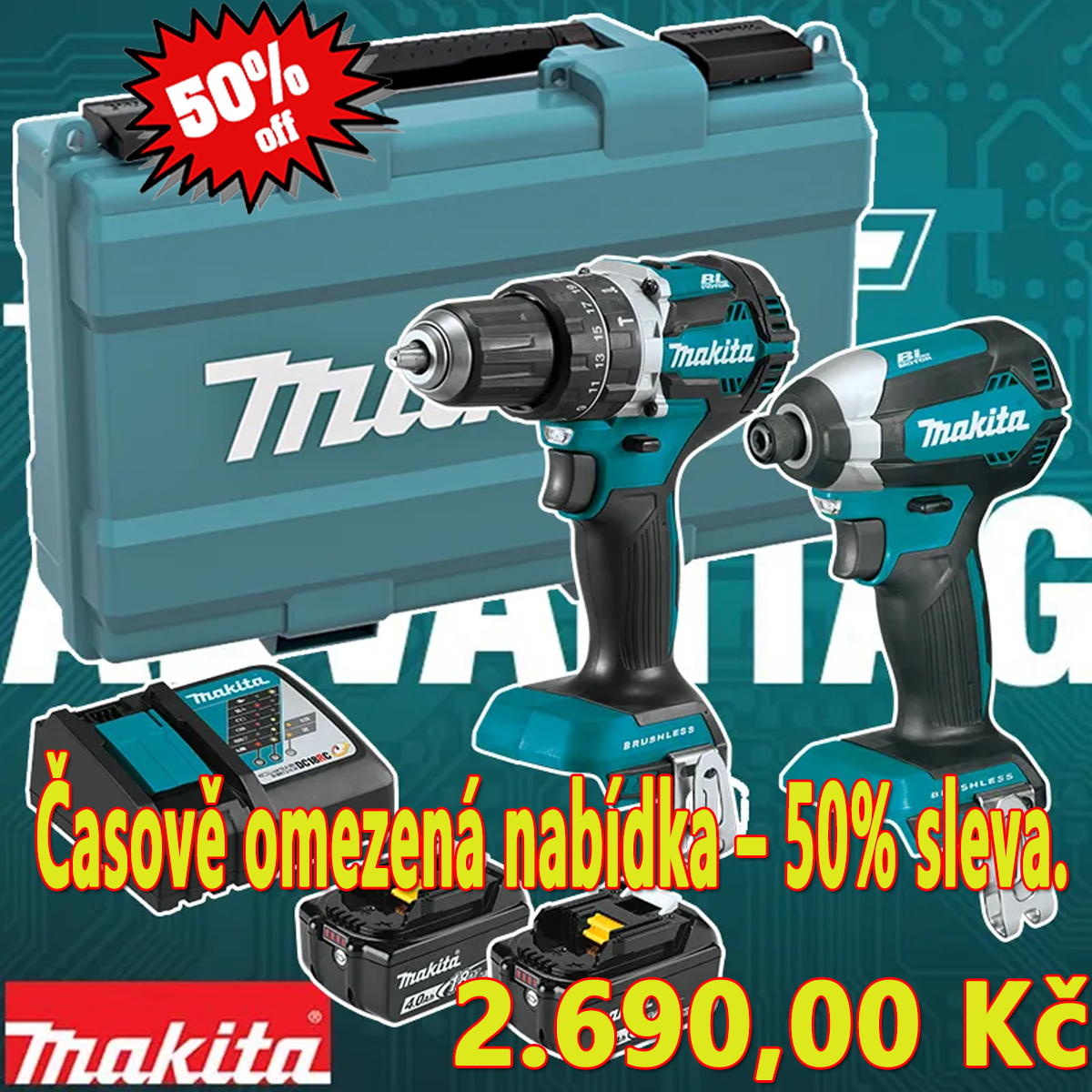 🚚 Posledních 500 kusů!Sada akumulátorového nářadí Makita XT269M 18V za akční cenu pouze 2690 CZK!