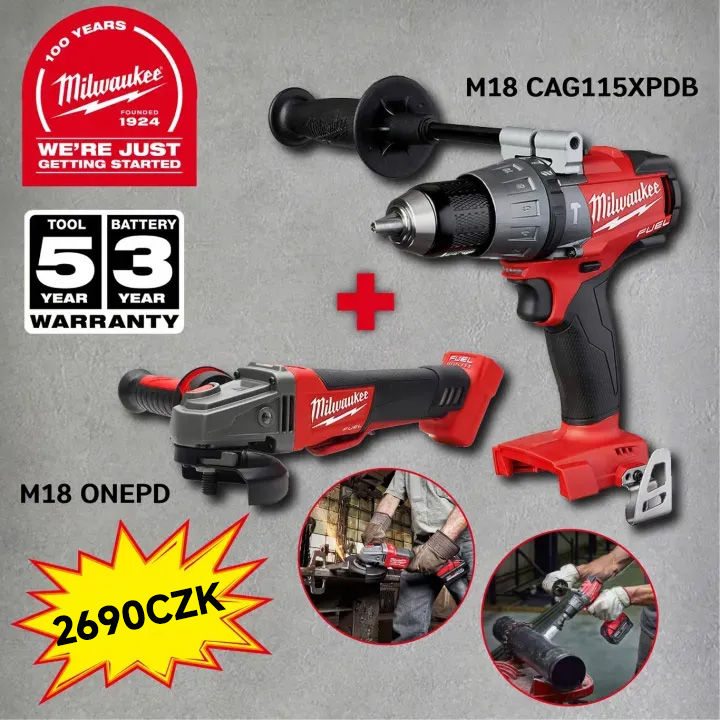 Akce ke 100. výročí Milwaukee - Sada vrtaček a šroubováků Milwaukee M18 ONEPD + úhlová bruska Milwaukee M18 CAG115XPDB za akční cenu pouze 2690CZK se zárukou.