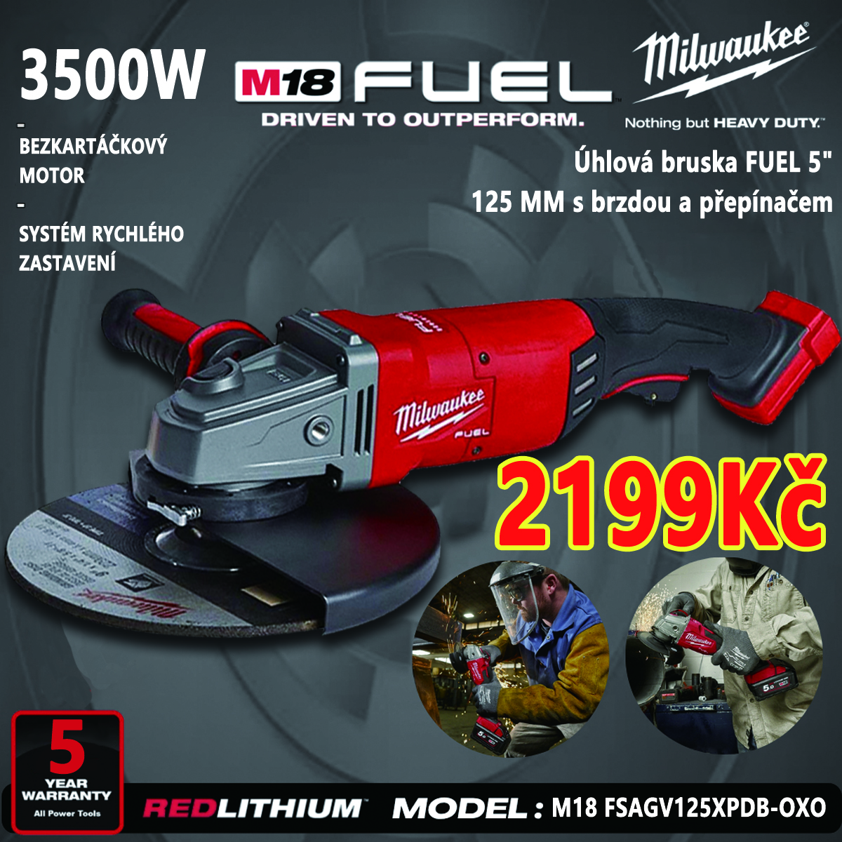 100 let Milwaukee – Lithium-úhlová bruska + 5 let záruky – akce jen teď