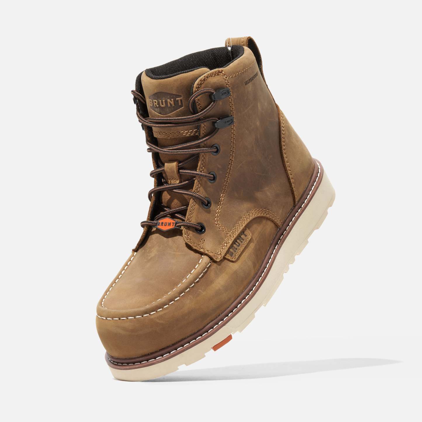 45 degree angle of the left BRUNT 6 inch waterproof moc toe marin work boot in brown * 0
