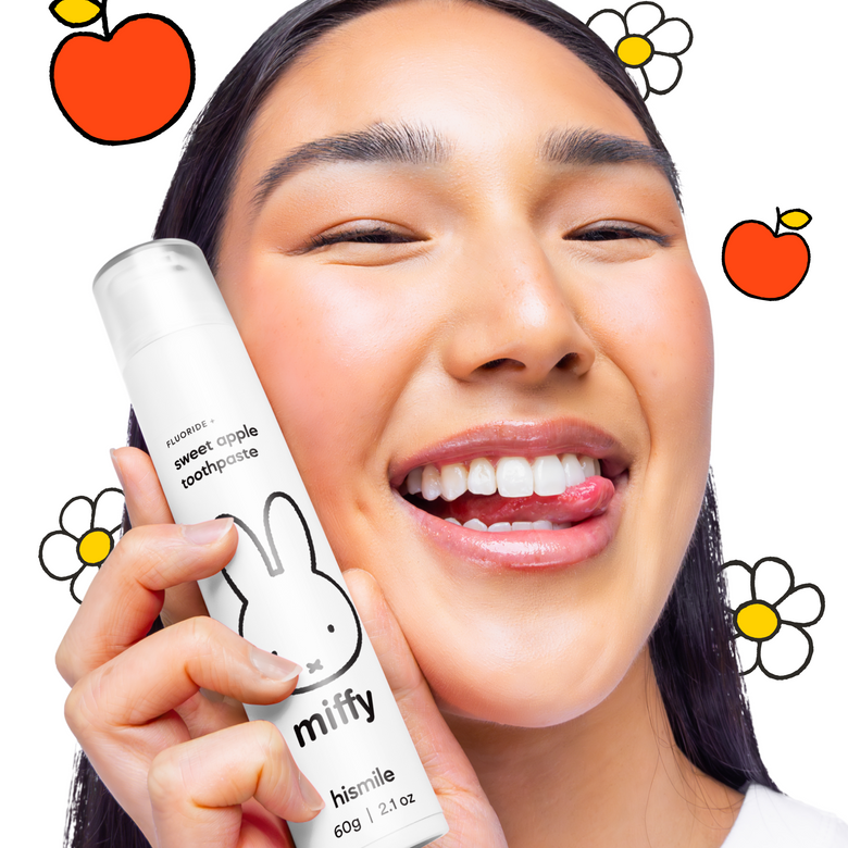 Model holding Miffy Sweet Apple Flavoured Toothpaste