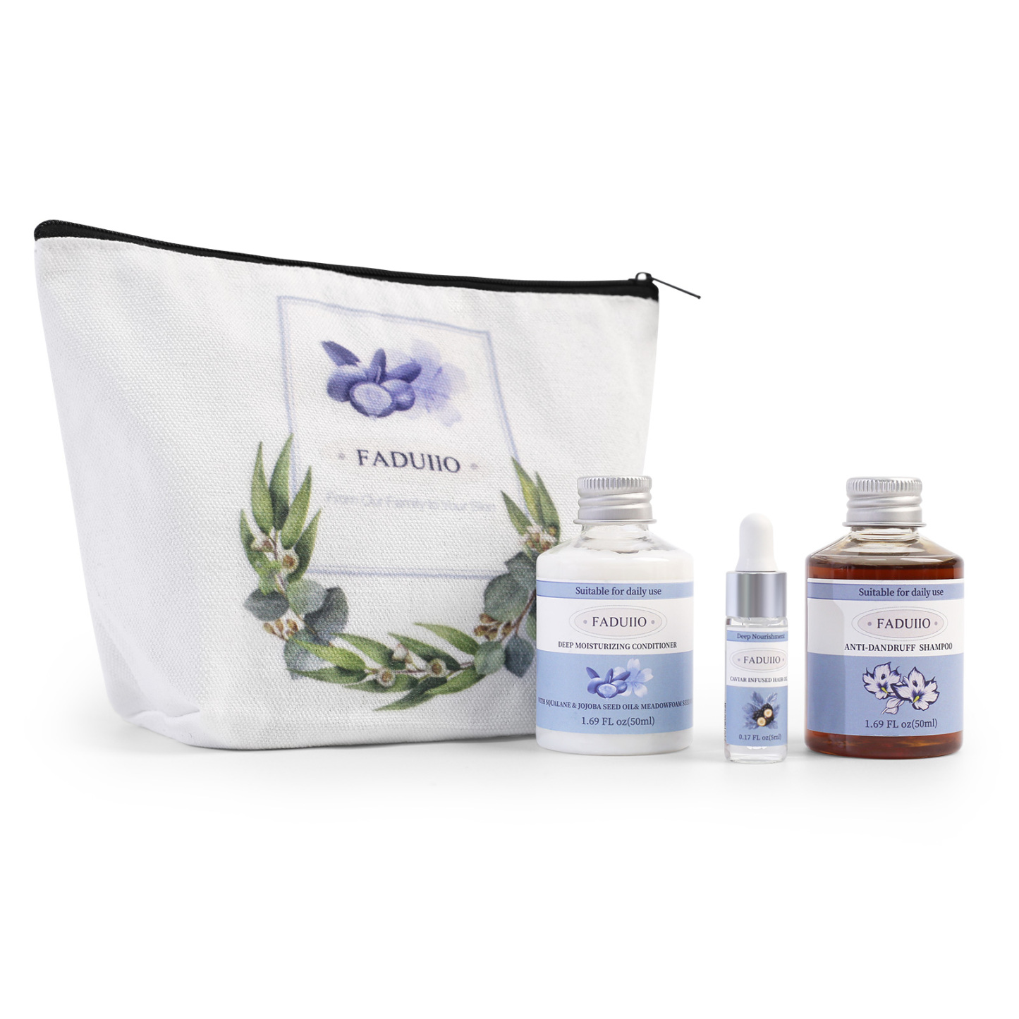 FADUIIO 3-Piece Hair Care Travel Set – Anti-Dandruff Shampoo, Deep Moisturizing Conditioner & Caviar Hair Oil | Soothing, Nourishing & Shine-Boosting Essentials