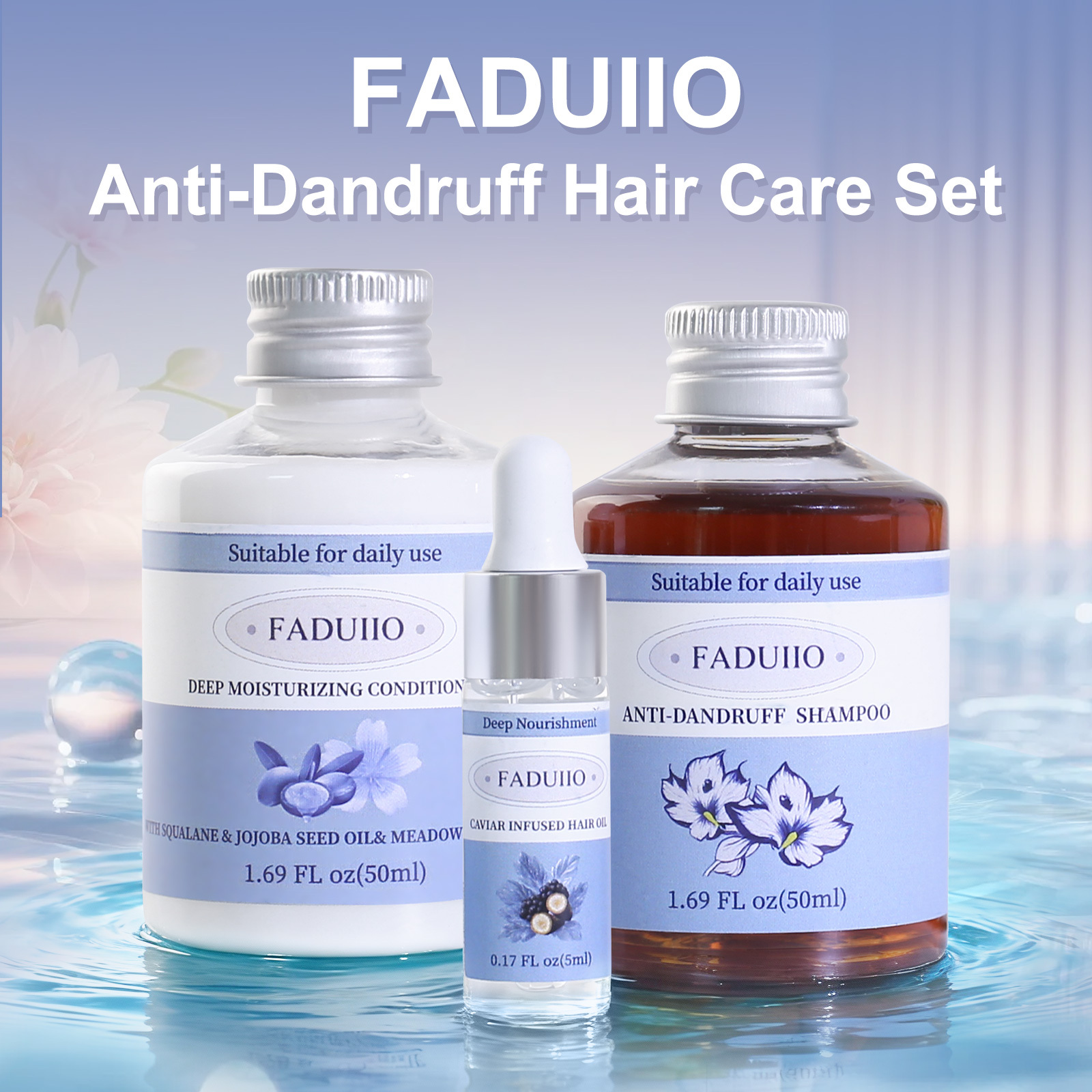 FADUIIO 3-Piece Hair Care Travel Set – Anti-Dandruff Shampoo, Deep Moisturizing Conditioner & Caviar Hair Oil | Soothing, Nourishing & Shine-Boosting Essentials