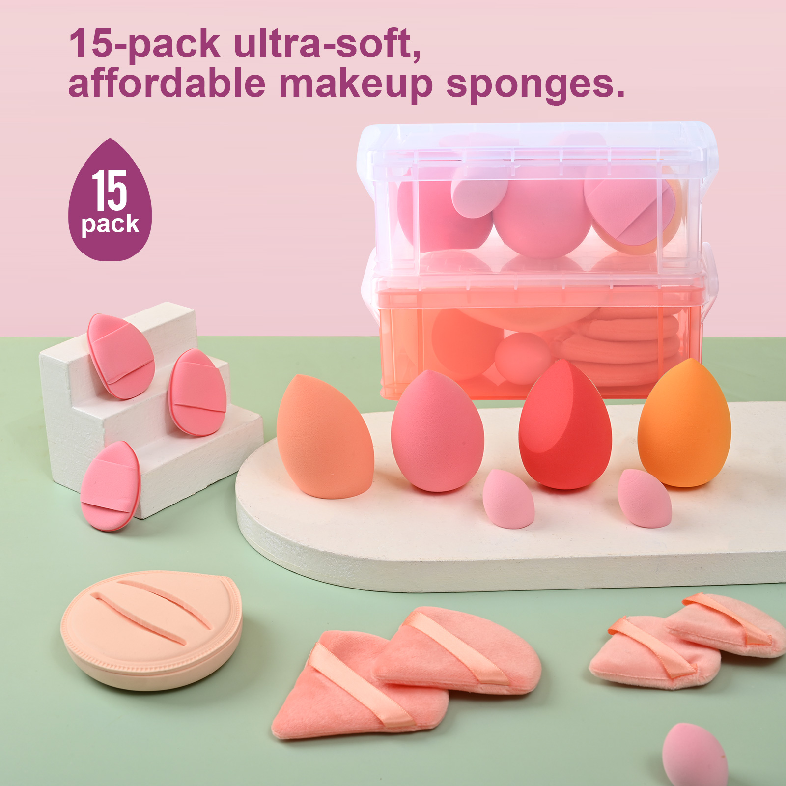 FADUIIO Aspira 15-Piece Makeup Sponge & Puff Set – Rubycell Sponge, Beauty Blenders, Triangle & Finger Puffs | Reusable Soft Tools for Liquid & Powder Application