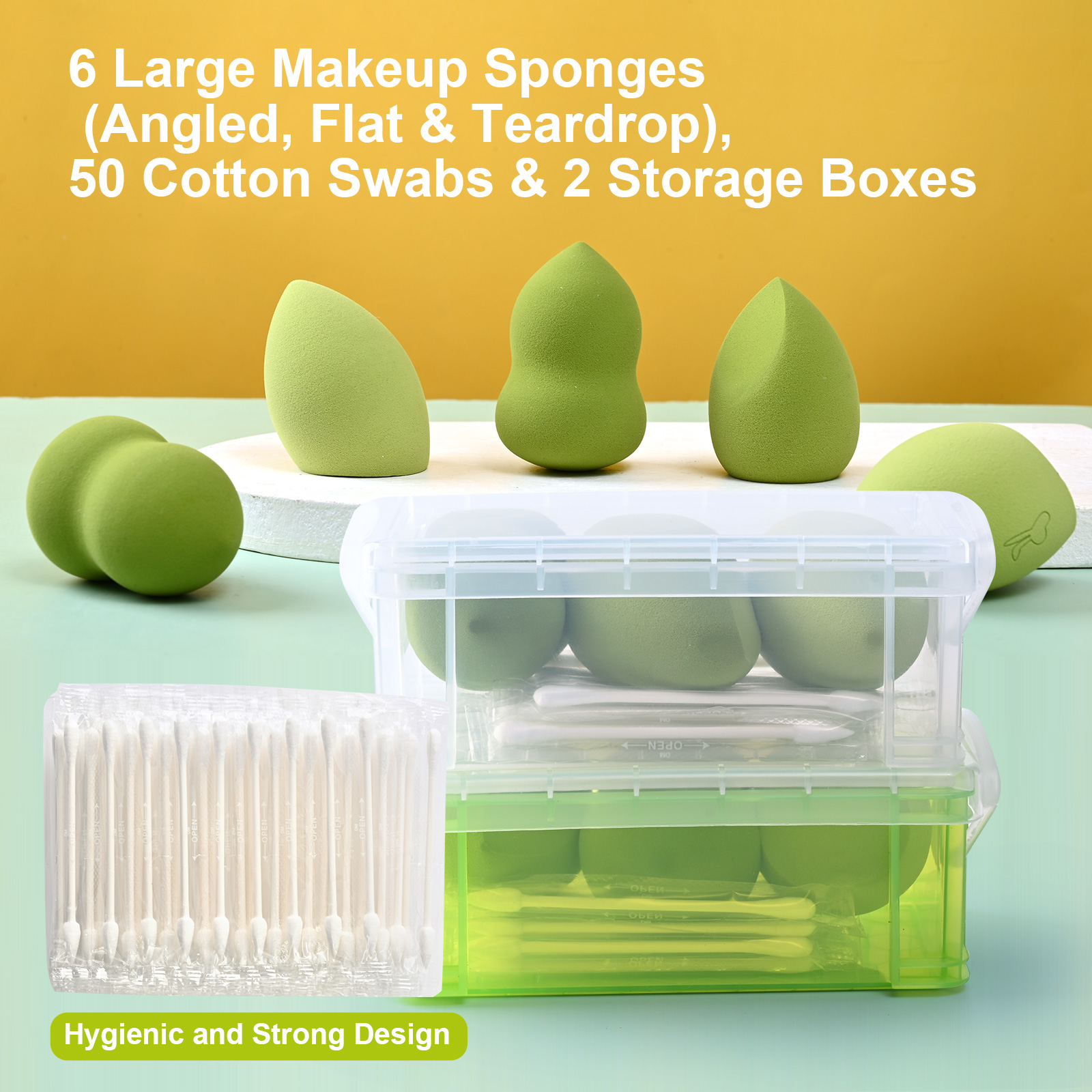 FADUIIO Aspira Makeup Sponge Set – 6 Latex-Free Beauty Blenders & 50 Hygienic Cotton Swabs in Travel Box | Flawless Foundation, Contouring & Touch-Up Kit for All Skin Types