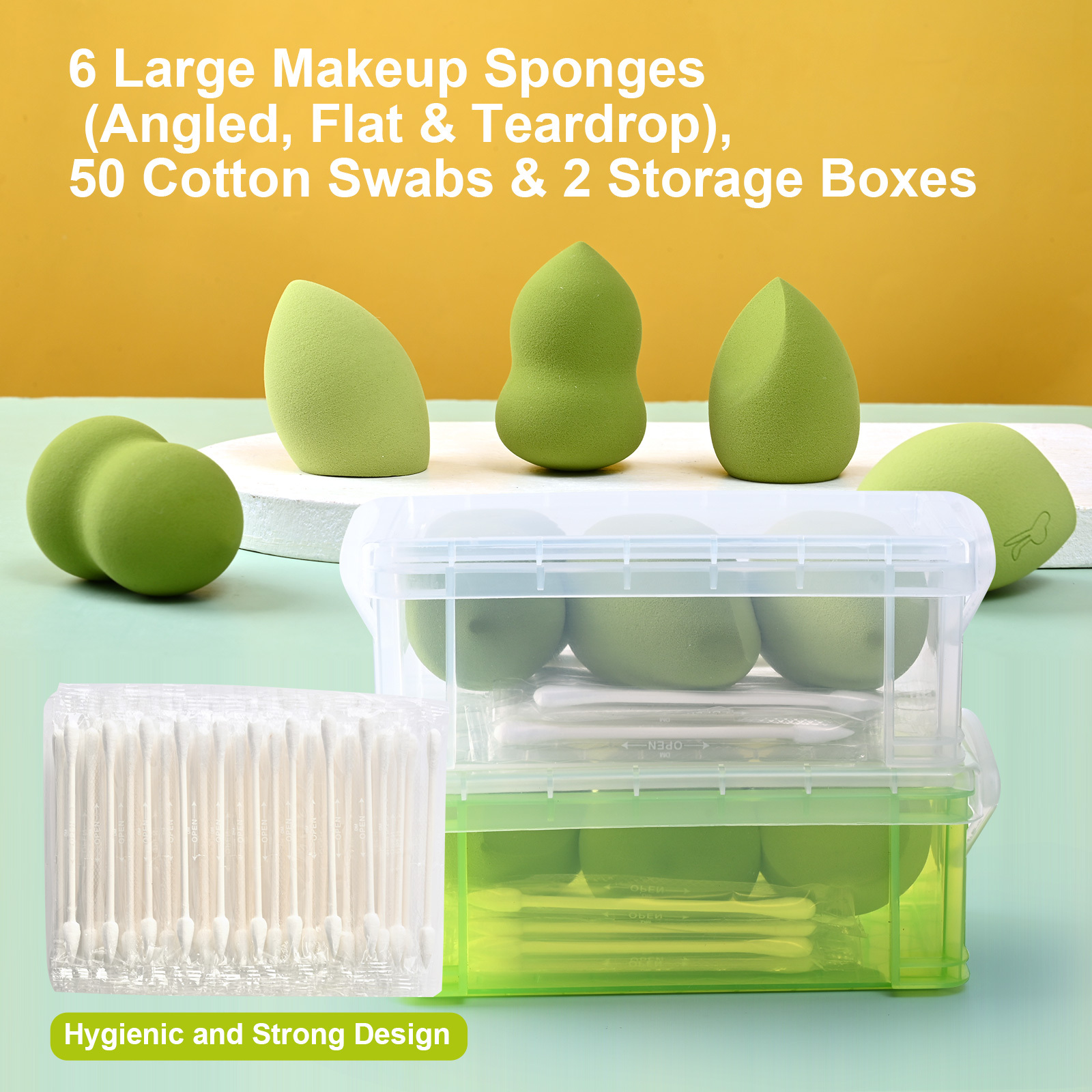 FADUIIO Aspira Makeup Sponge Set – 6 Latex-Free Beauty Blenders & 50 Hygienic Cotton Swabs in Travel Box | Flawless Foundation, Contouring & Touch-Up Kit for All Skin Types