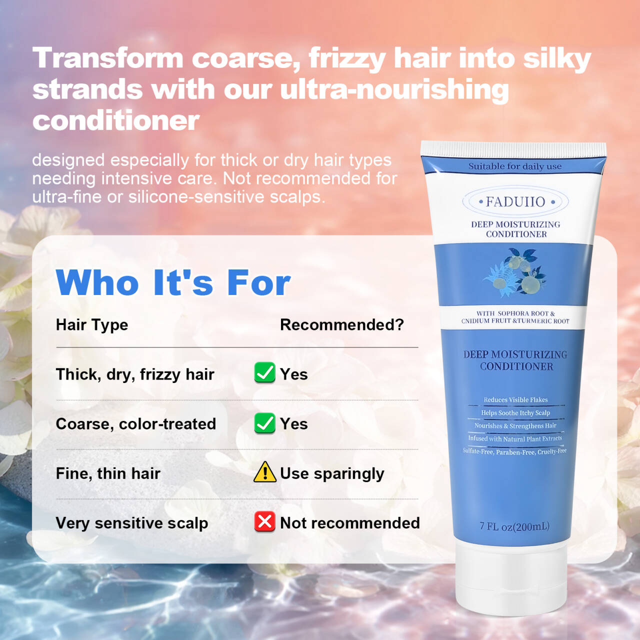 FADUIIO Deep Moisturizing Conditioner for Thick, Dry, Frizzy Hair Intense Repair & Nourish, Silky Smooth, Plant Extracts,Sulfate-Free, 7 fl oz