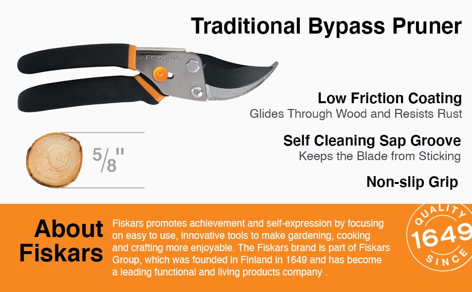 Diagram of Pruner Features; low friction coating, self cleaning sap groove and non-slip grip
