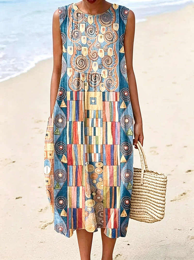 Lockeres A-Linien-Midikleid mit Taschen für den Strandurlaub