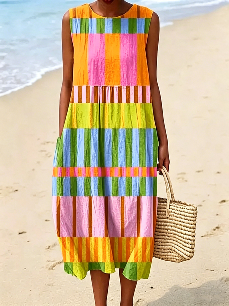 Lockeres A-Linien-Midikleid mit Taschen für den Strandurlaub