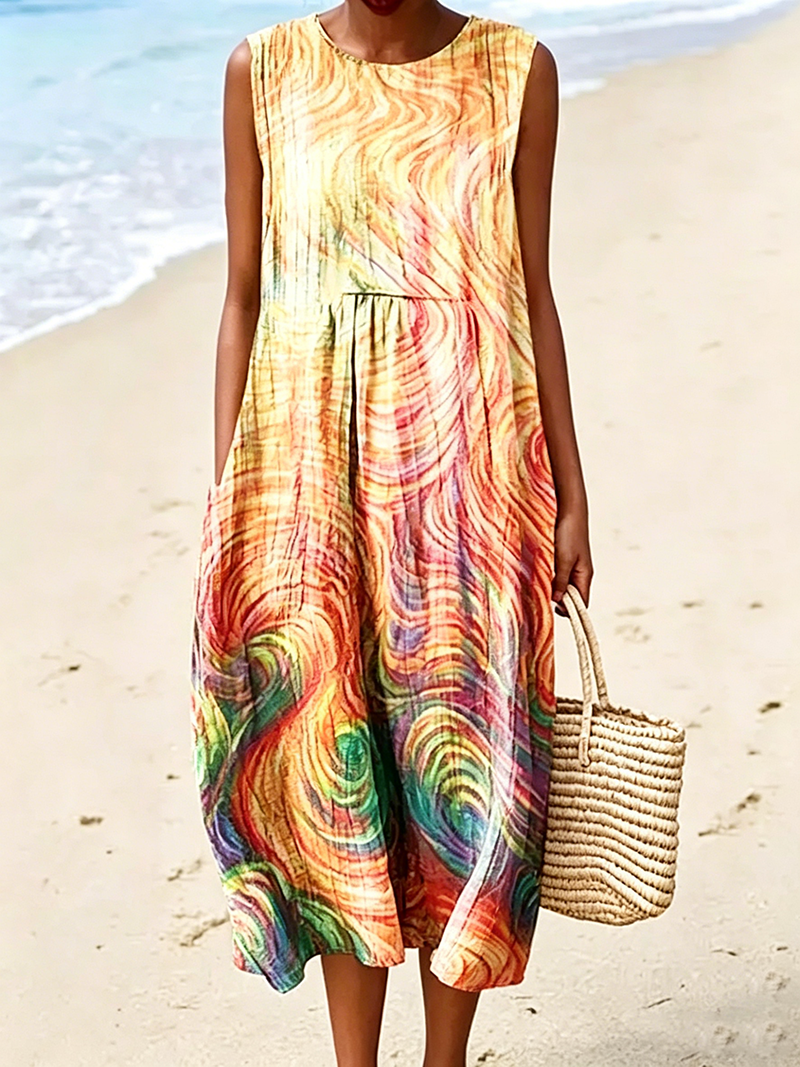 Lockeres A-Linien-Midikleid mit Taschen für den Strandurlaub