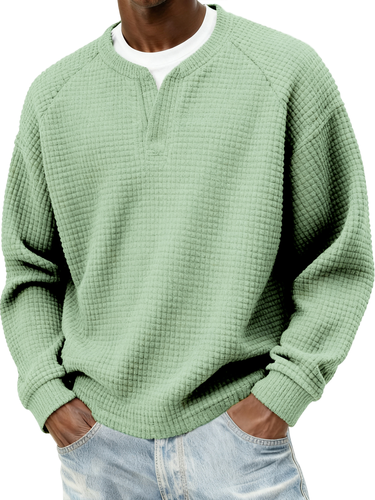 Herren Stylischer Cord Waffel Fake Zweiteiler V-Ausschnitt Raglan Ärmel Pullover Sweatshirt-deurabatt