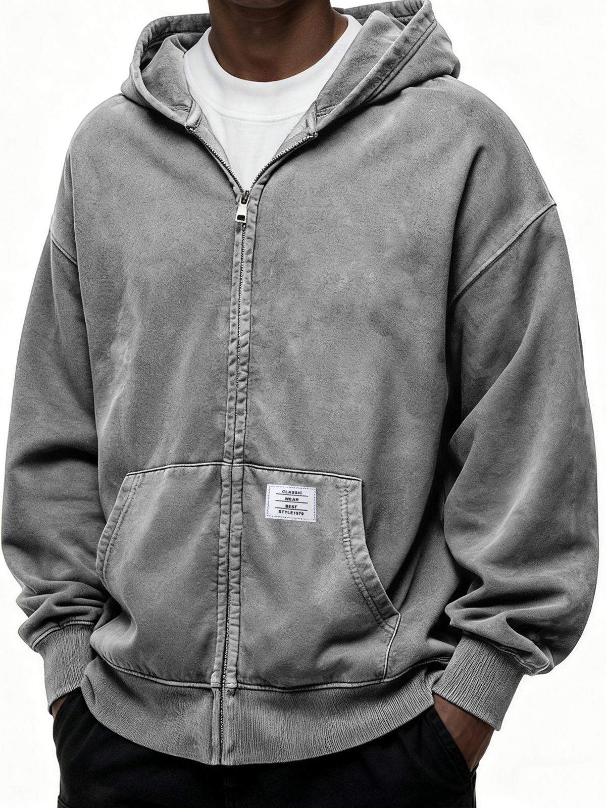 Schwergewicht Kapuzen-Full-Zip Cardigan Sweatshirt mit Kängurutasche und Etikett-deurabatt