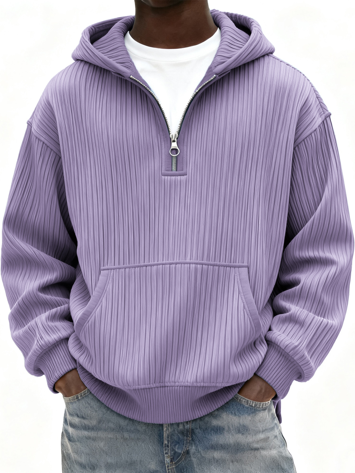 Herren Rippstrick Viertel Reißverschluss Hoodie mit Kängurutasche-deurabatt