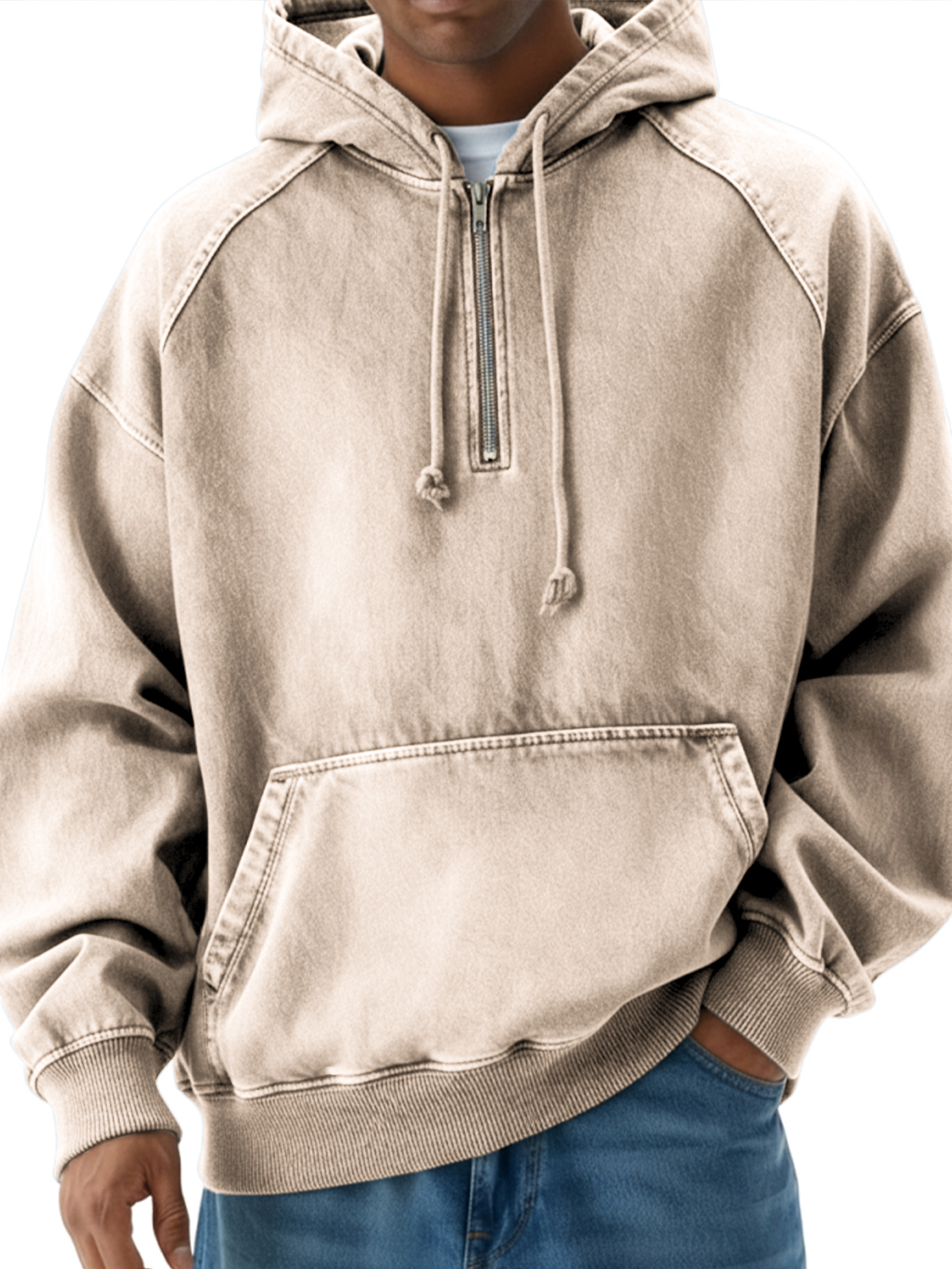Herren Vintage Distressed Raglan Viertel-Reißverschluss Pullover Hoodie-deurabatt