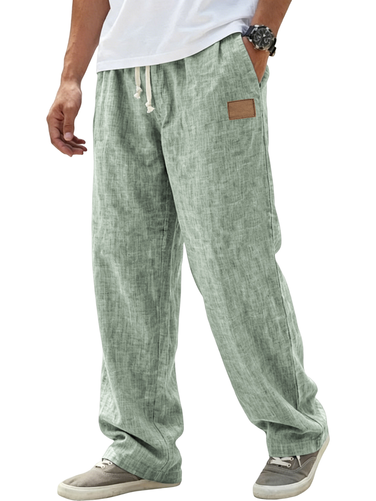 Herren atmungsaktive Leinenhose Resort lässige lockere Hose mit gesticktem Lederpatch-deurabatt