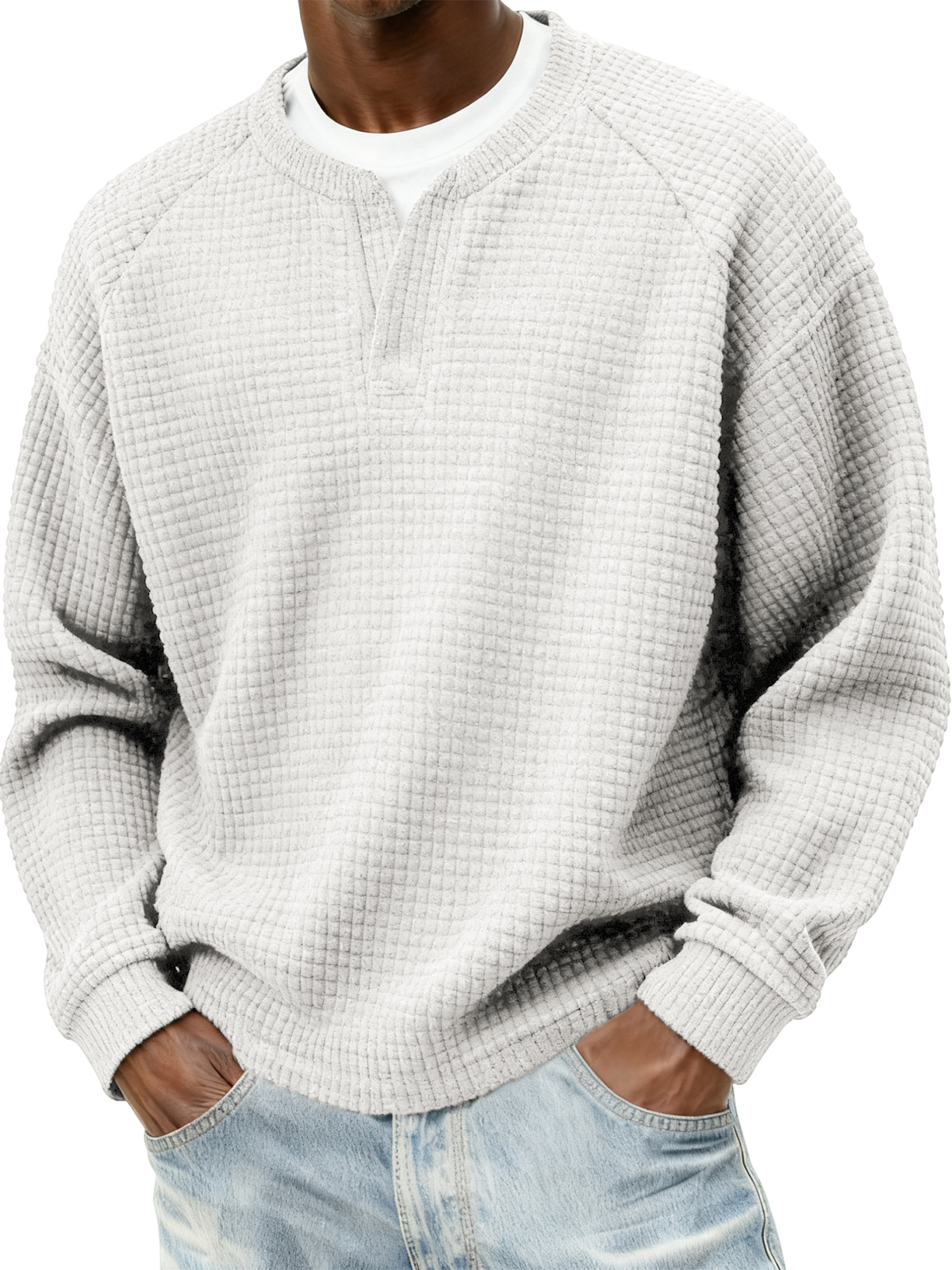 Herren Stylischer Cord Waffel Fake Zweiteiler V-Ausschnitt Raglan Ärmel Pullover Sweatshirt-deurabatt