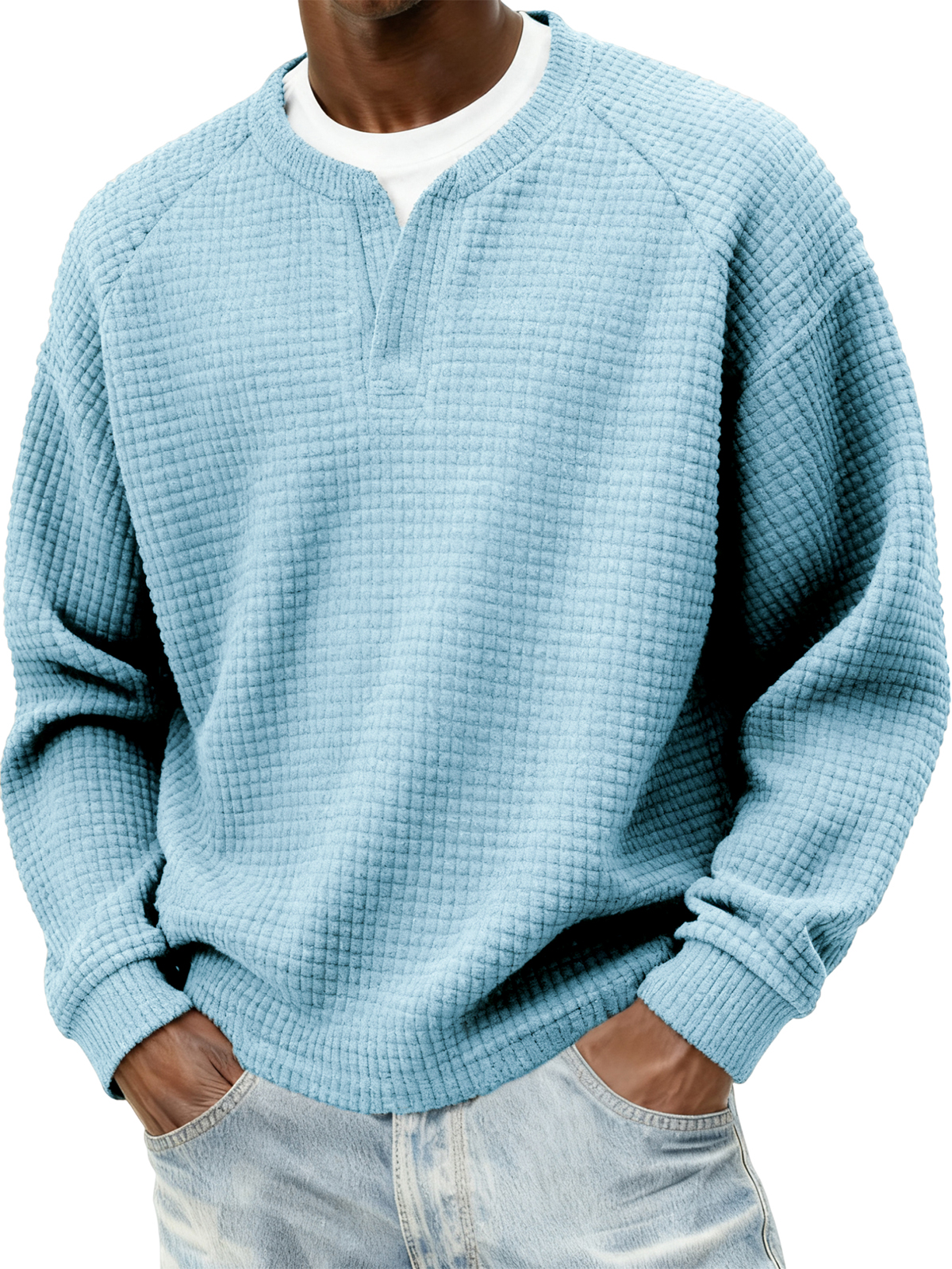 Herren Stylischer Cord Waffel Fake Zweiteiler V-Ausschnitt Raglan Ärmel Pullover Sweatshirt-deurabatt