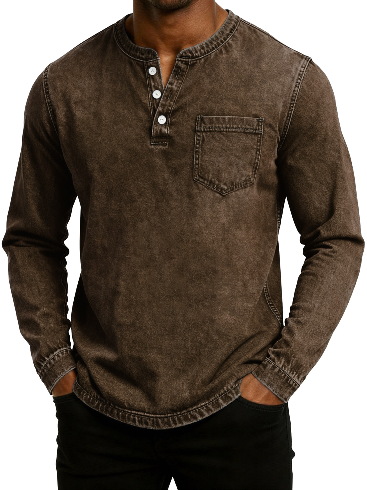 Herren Retro Mode gewaschenes, abgenutztes Henley-Kragen Langarm-T-Shirt-deurabatt