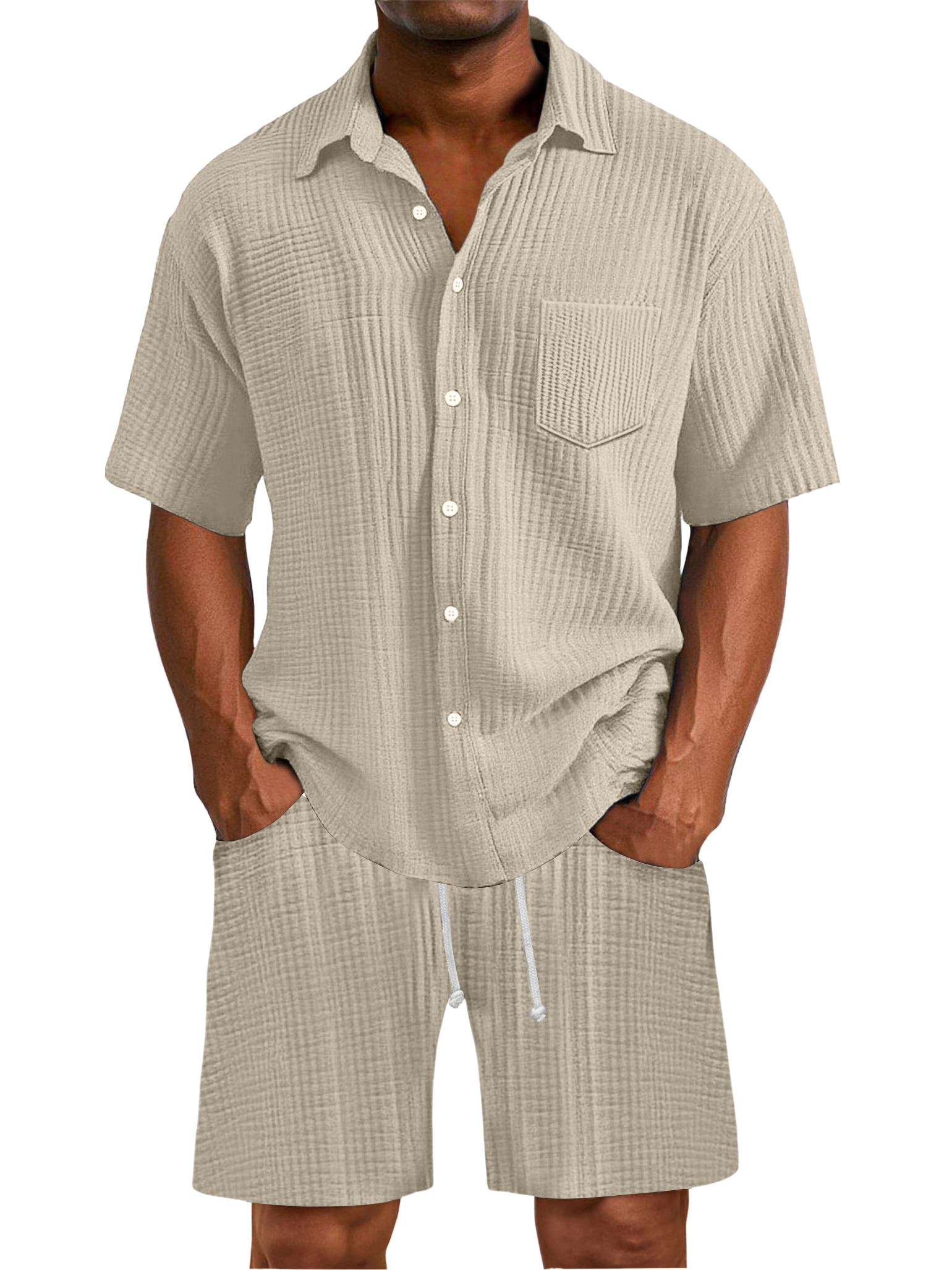 Herren Daily Faltenstruktur Taschenhemd Shorts Set-deurabatt