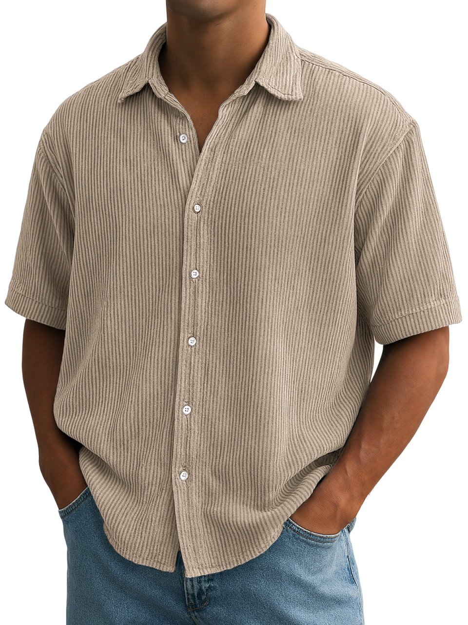 Herren Stilvolle Ripped Vertikale Streifen Corduroy Bequeme Freizeit Kurzarmhemd-deurabatt