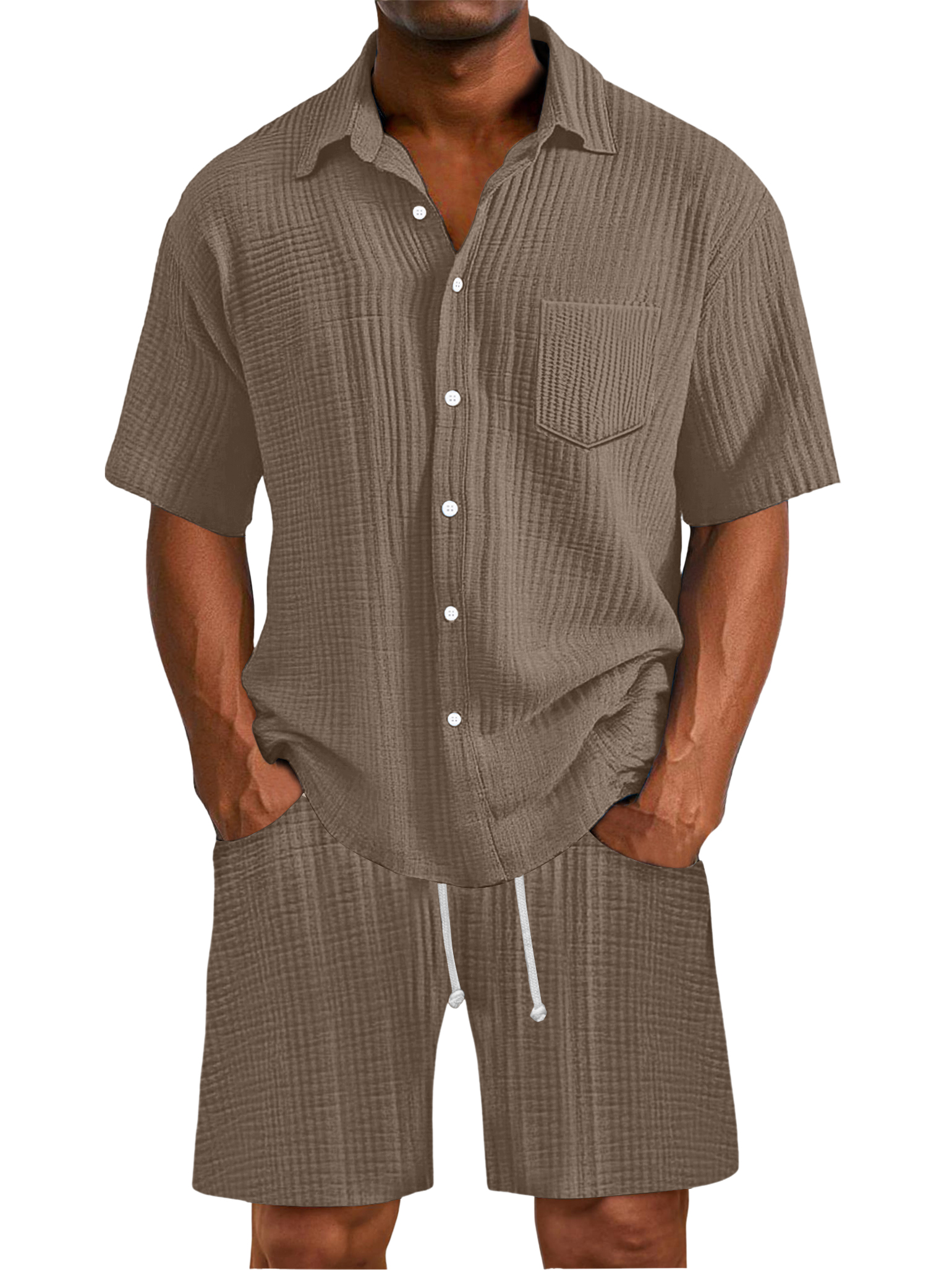 Herren Daily Faltenstruktur Taschenhemd Shorts Set-deurabatt