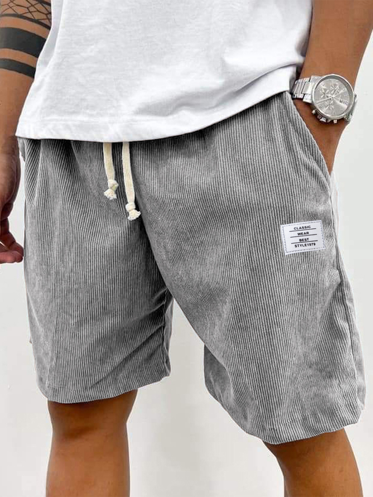 Herren Stilvolle Corduroy Einfache Bestickte Logo Lässige Schnürung Lockere Shorts-Mode & Komfort