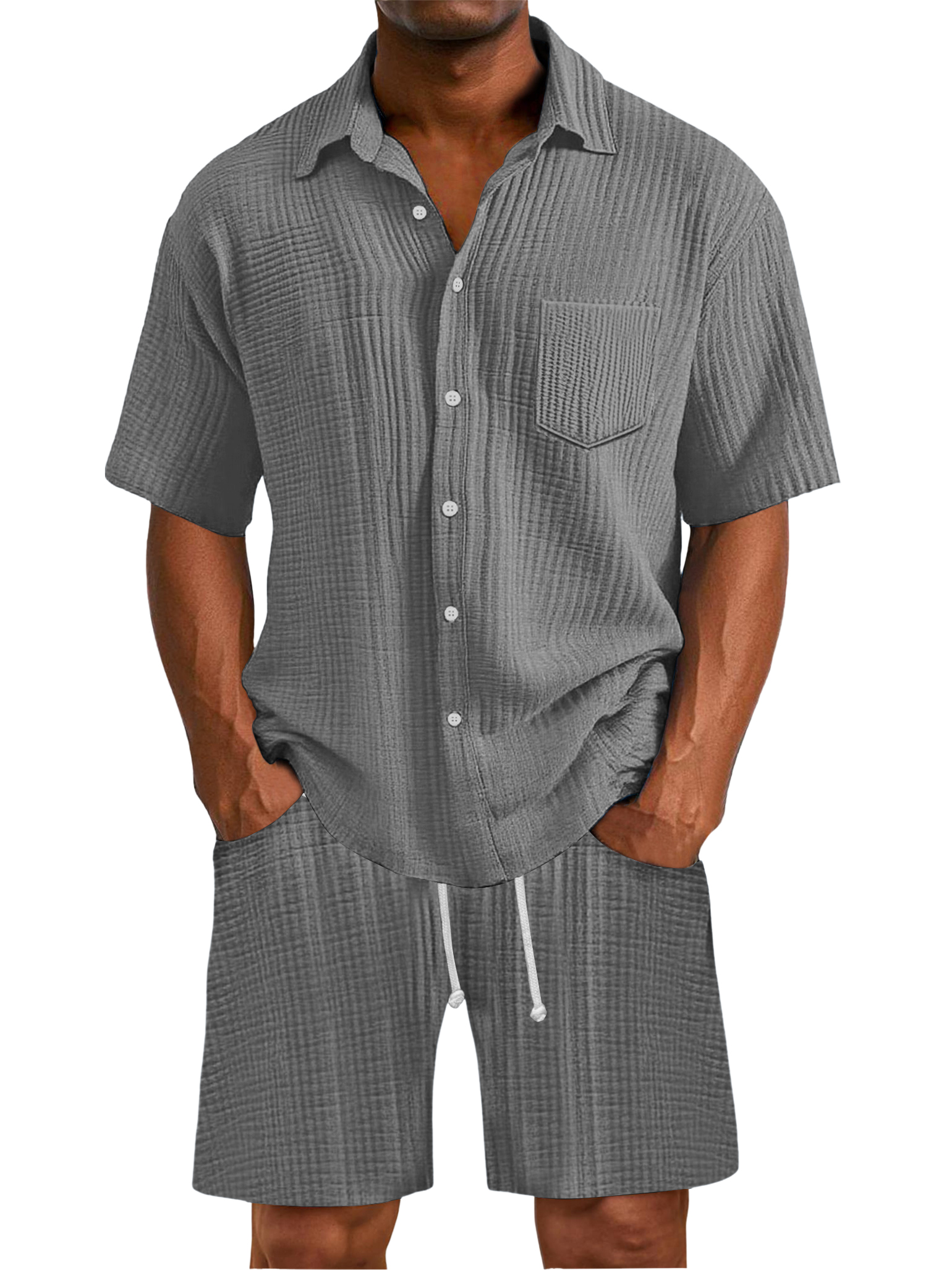 Herren Daily Faltenstruktur Taschenhemd Shorts Set-deurabatt