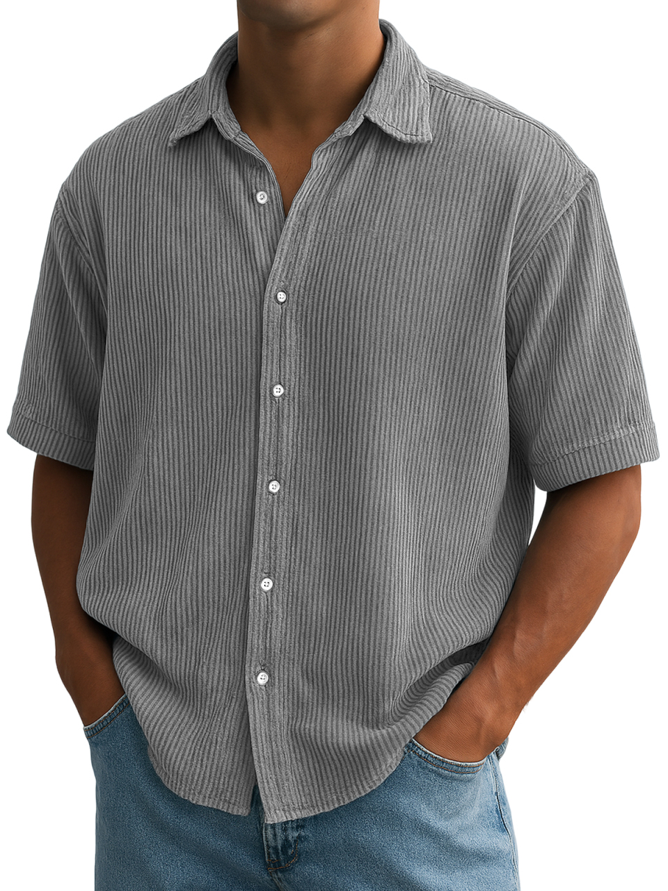 Herren Stilvolle Ripped Vertikale Streifen Corduroy Bequeme Freizeit Kurzarmhemd-deurabatt