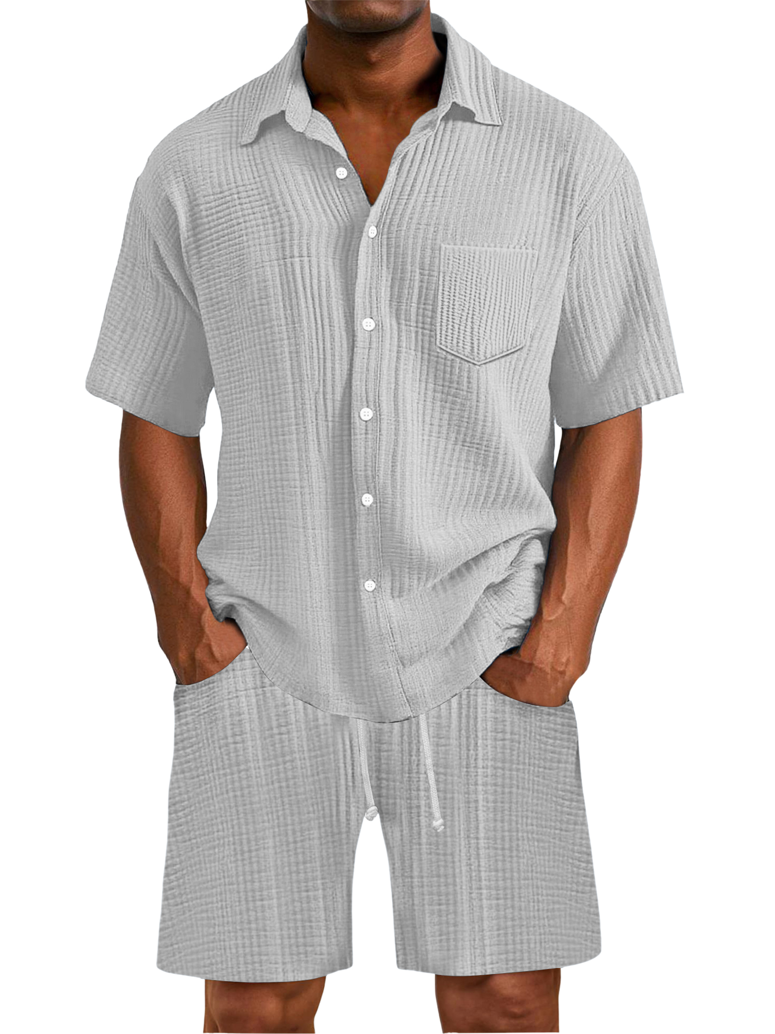 Herren Daily Faltenstruktur Taschenhemd Shorts Set-deurabatt