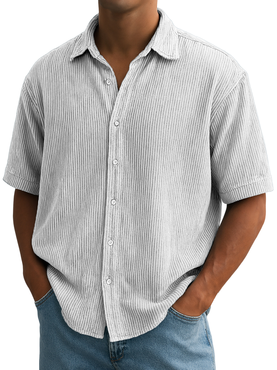 Herren Stilvolle Ripped Vertikale Streifen Corduroy Bequeme Freizeit Kurzarmhemd-deurabatt