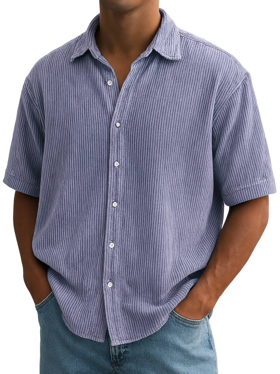 Herren Stilvolle Ripped Vertikale Streifen Corduroy Bequeme Freizeit Kurzarmhemd-deurabatt