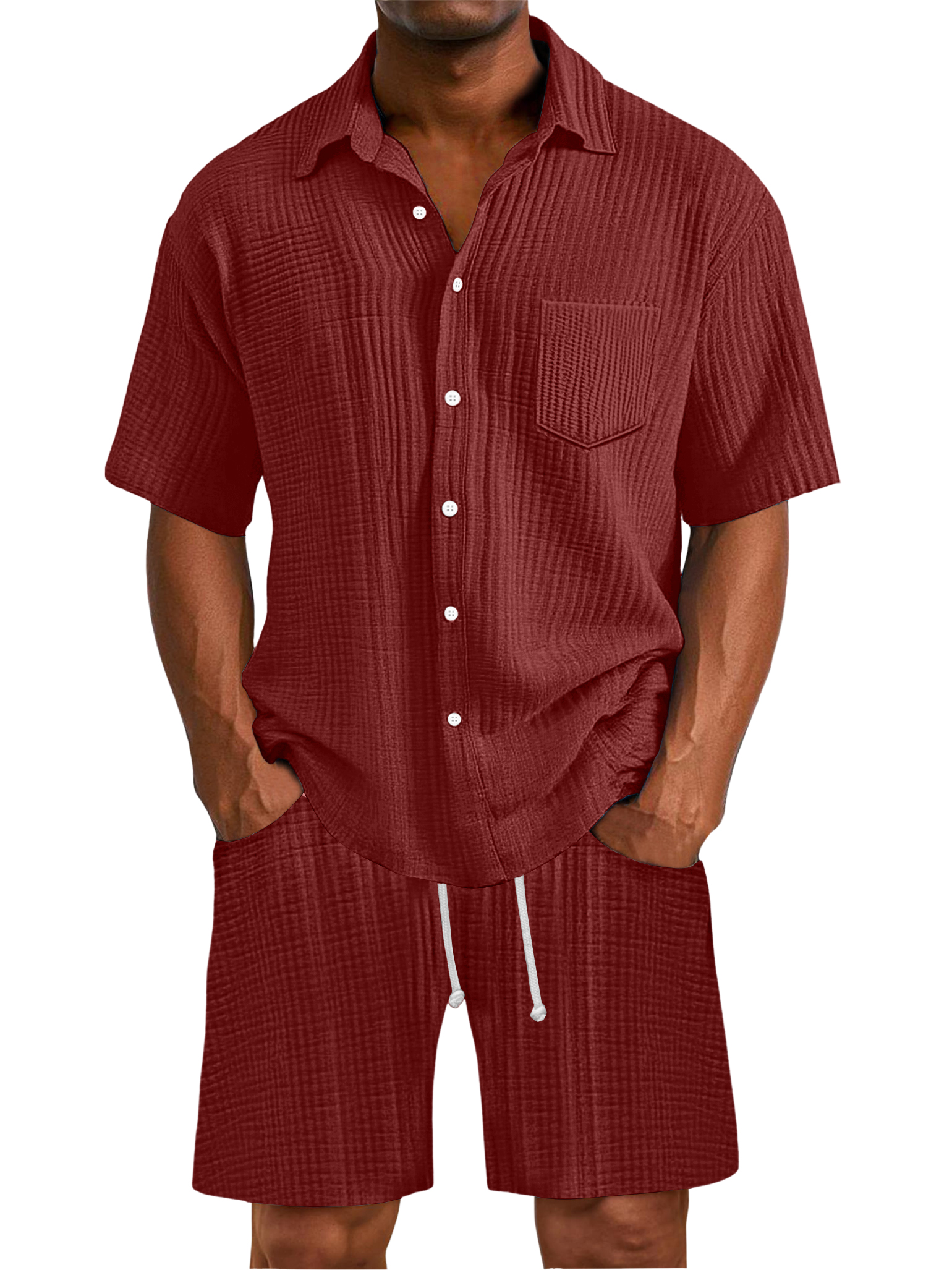 Herren Daily Faltenstruktur Taschenhemd Shorts Set-deurabatt