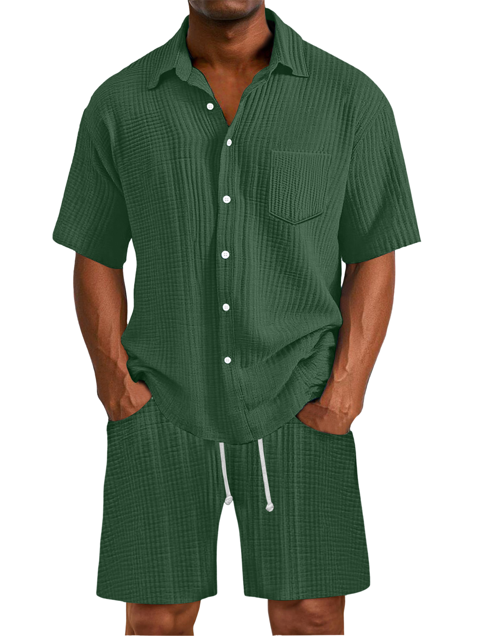 Herren Daily Faltenstruktur Taschenhemd Shorts Set-deurabatt
