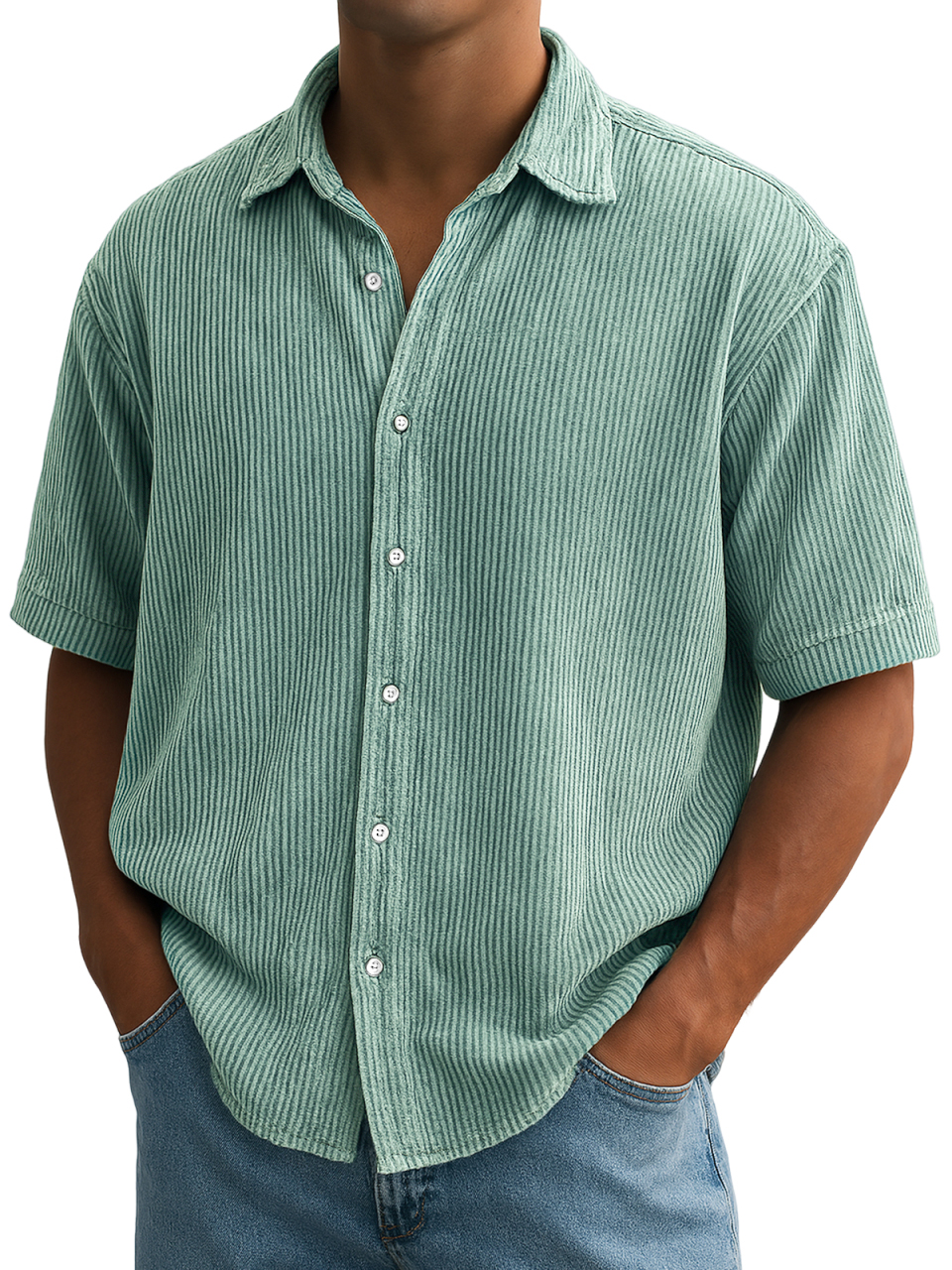 Herren Stilvolle Ripped Vertikale Streifen Corduroy Bequeme Freizeit Kurzarmhemd-deurabatt