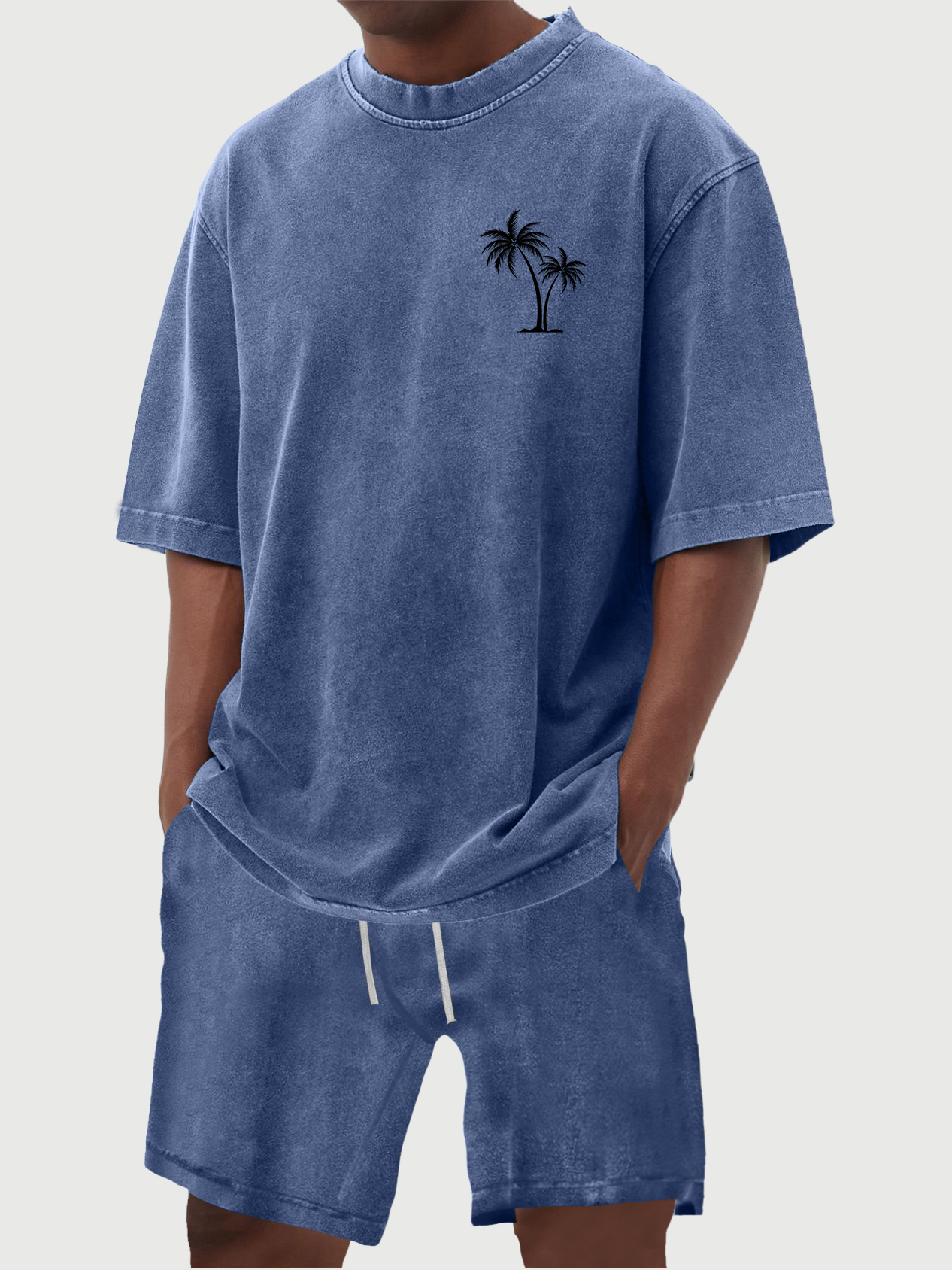 Herren 100% Baumwolle Vintage Distressed Gewaschene Kokosnussbaum Druck Kurzarmhemd Shorts Set-deurabatt