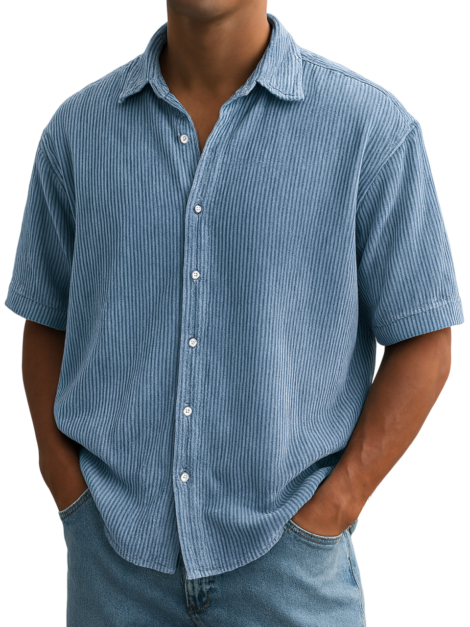 Herren Stilvolle Ripped Vertikale Streifen Corduroy Bequeme Freizeit Kurzarmhemd-deurabatt