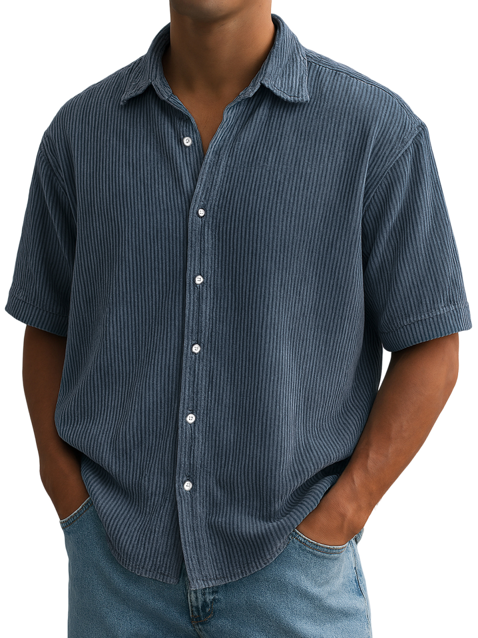 Herren Stilvolle Ripped Vertikale Streifen Corduroy Bequeme Freizeit Kurzarmhemd-deurabatt