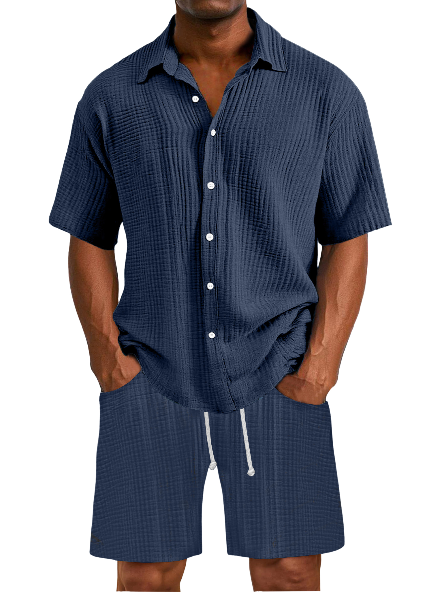 Herren Daily Faltenstruktur Taschenhemd Shorts Set-deurabatt