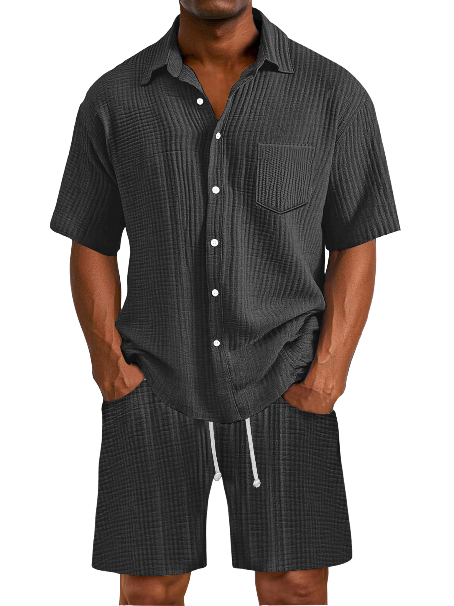 Herren Daily Faltenstruktur Taschenhemd Shorts Set-deurabatt