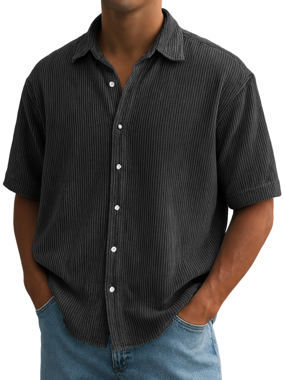 Herren Stilvolle Ripped Vertikale Streifen Corduroy Bequeme Freizeit Kurzarmhemd-deurabatt