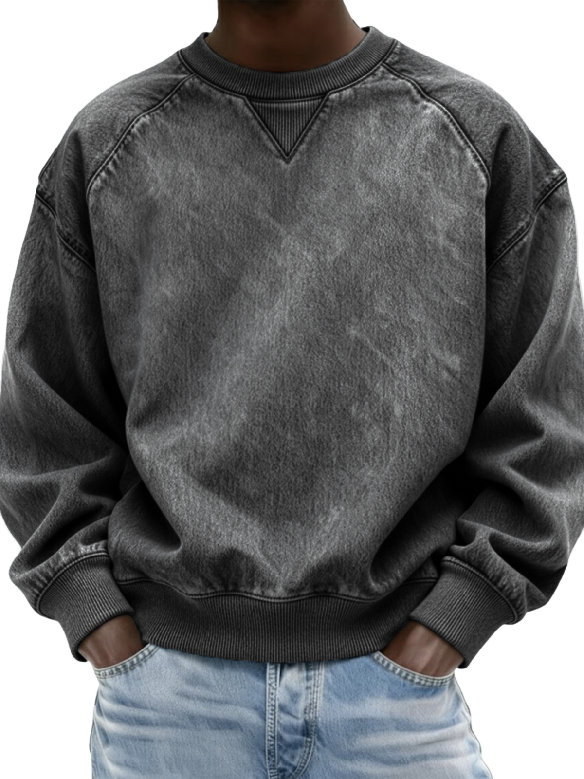 Herren Vintage Distressed Raglan Ärmel Patchwork Rundhals Pullover Sweatshirt-deurabatt