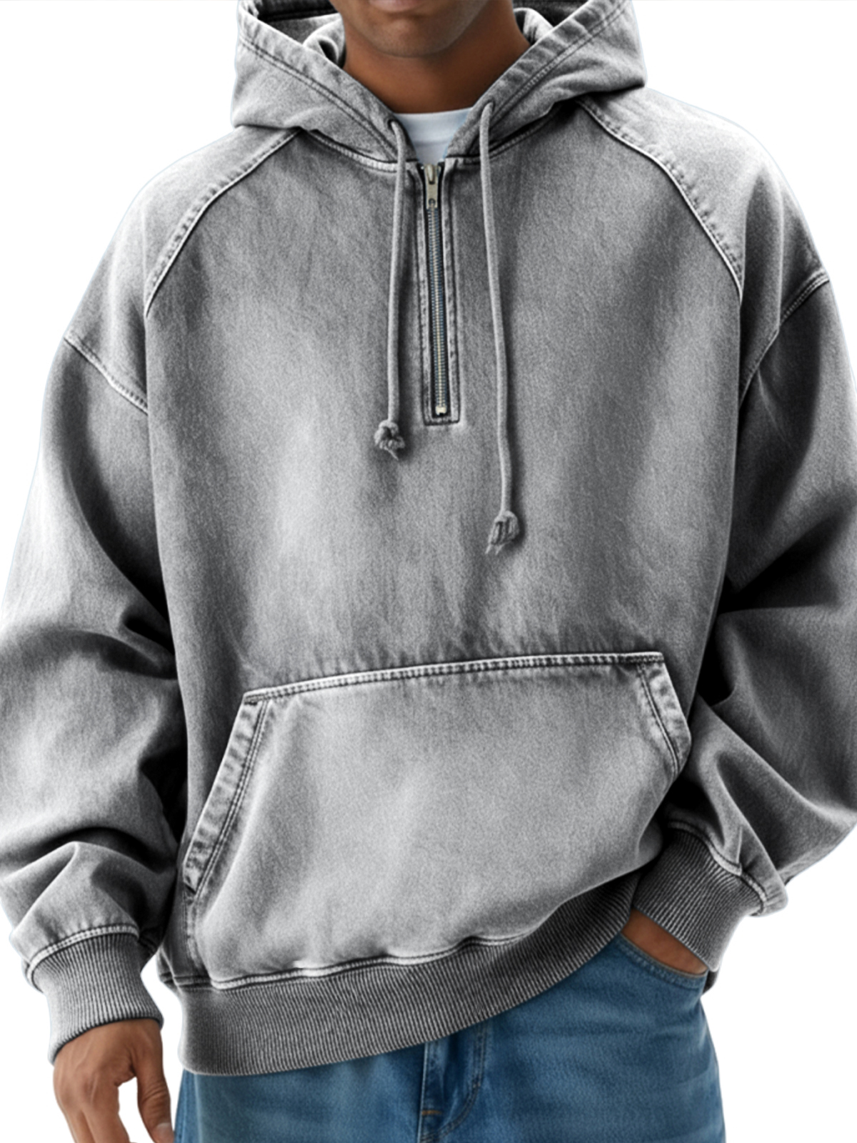 Herren Vintage Distressed Raglan Viertel-Reißverschluss Pullover Hoodie-deurabatt