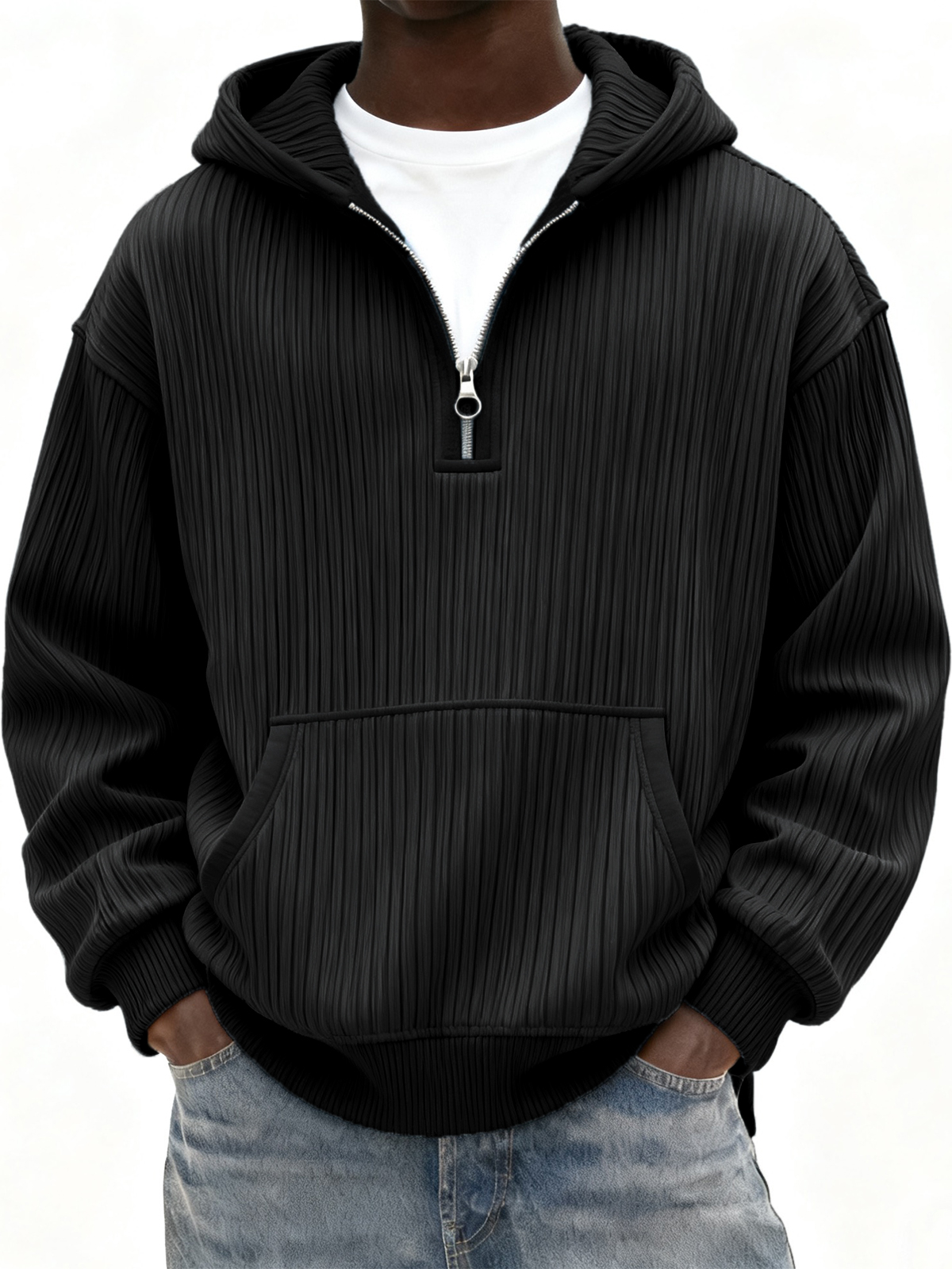 Herren Rippstrick Viertel Reißverschluss Hoodie mit Kängurutasche-deurabatt