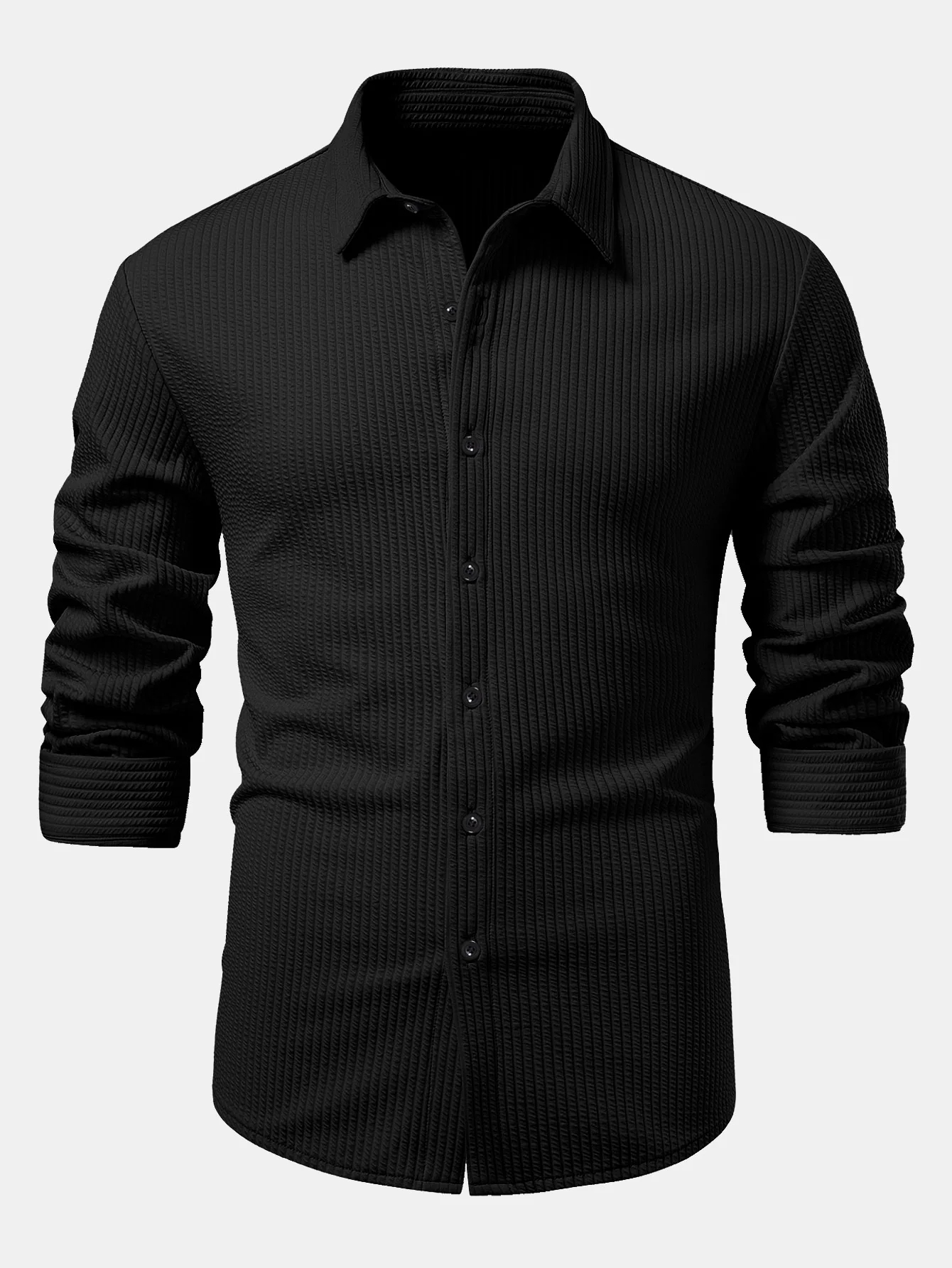 Herren Langarm Muskel-Fit Ripp-Button-Up Gestreiftes Hemd-deurabatt