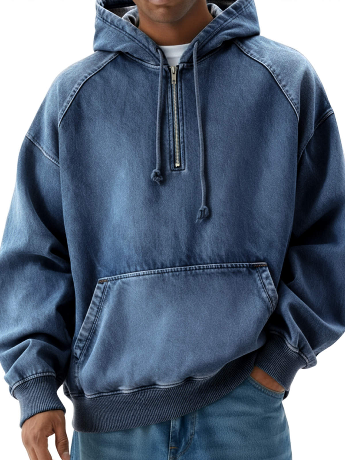 Herren Vintage Distressed Raglan Viertel-Reißverschluss Pullover Hoodie-deurabatt