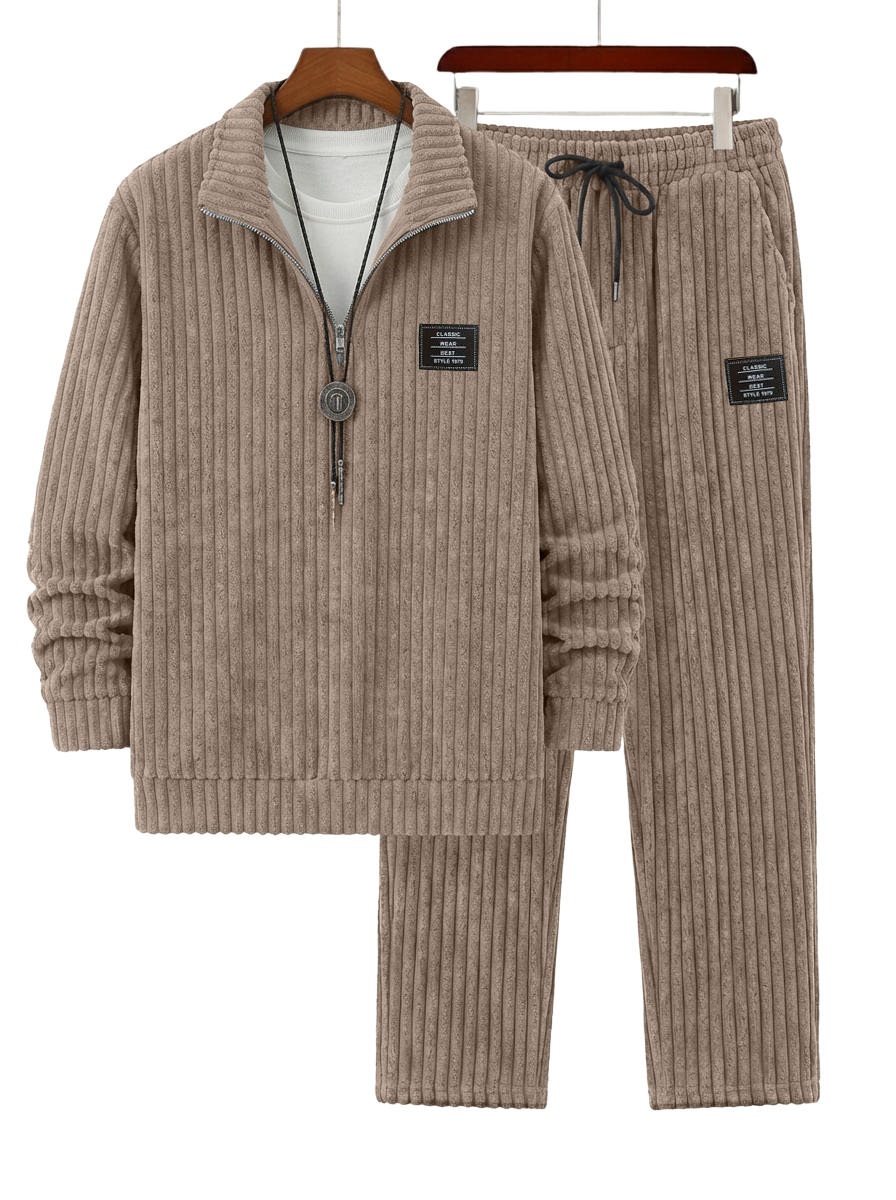 Herren Vintage Corduroy Viertel-Reißverschluss Sweatshirt und Hose Set OOTD-deurabatt